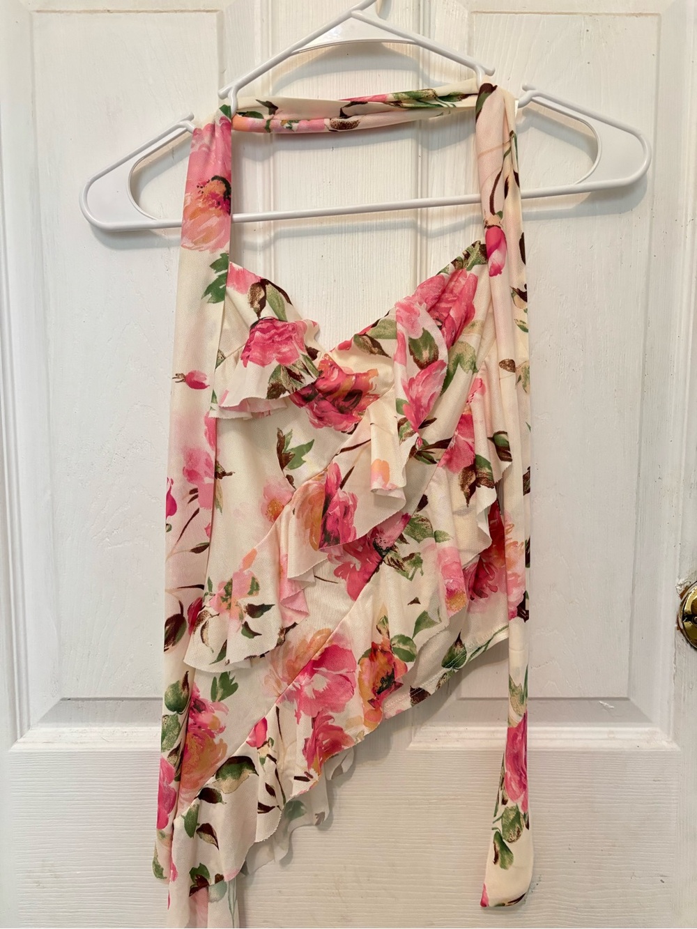 Floral Ruffle Halter Crop Top - Cream with Pink Roses